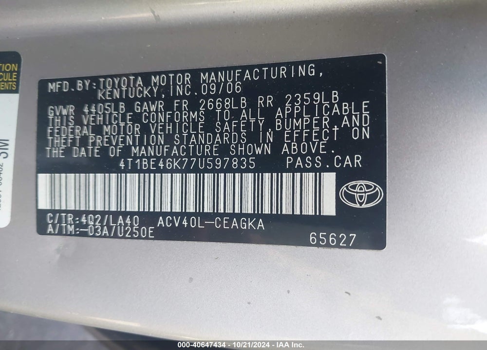 2007 TOYOTA CAMRY XLE VIN: 4T1BE46K77U597835