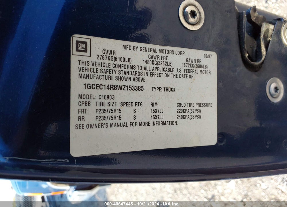 1998 CHEVROLET C1500 FLEETSIDE VIN: 1GCEC14R8WZ153385