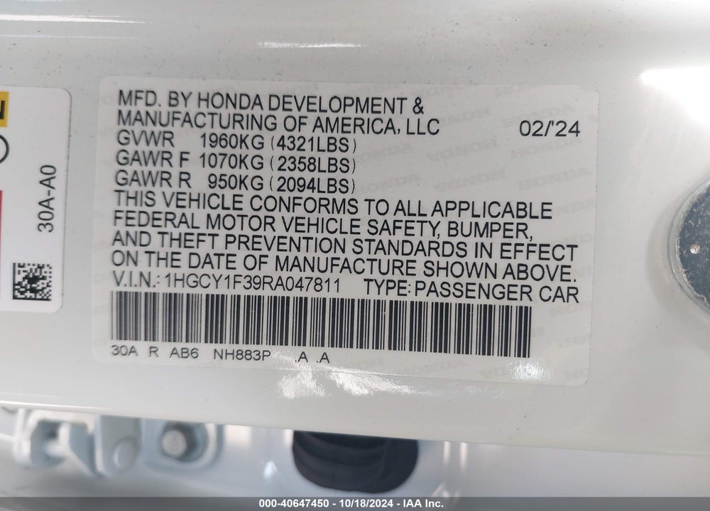 2024 HONDA ACCORD EX VIN: 1HGCY1F39RA047811