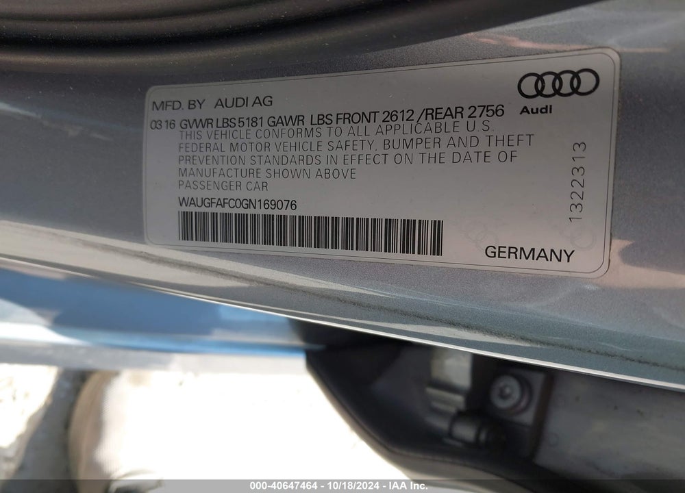 2016 AUDI A6 2.0T PREMIUM PLUS VIN: WAUGFAFC0GN169076