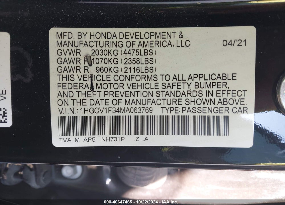 2021 HONDA ACCORD SPORT VIN: 1HGCV1F34MA063769