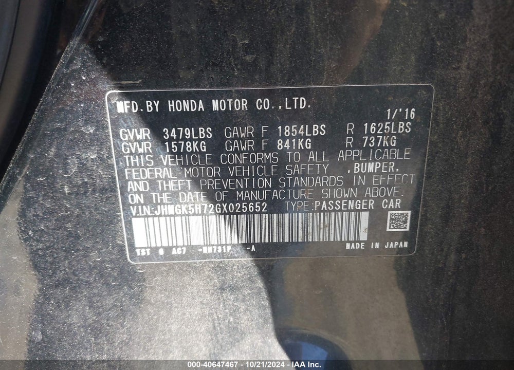 2016 HONDA FIT EX VIN: JHMGK5H72GX025652