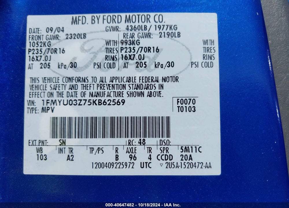 2005 FORD ESCAPE XLT VIN: 1FMYU03Z75KB62569