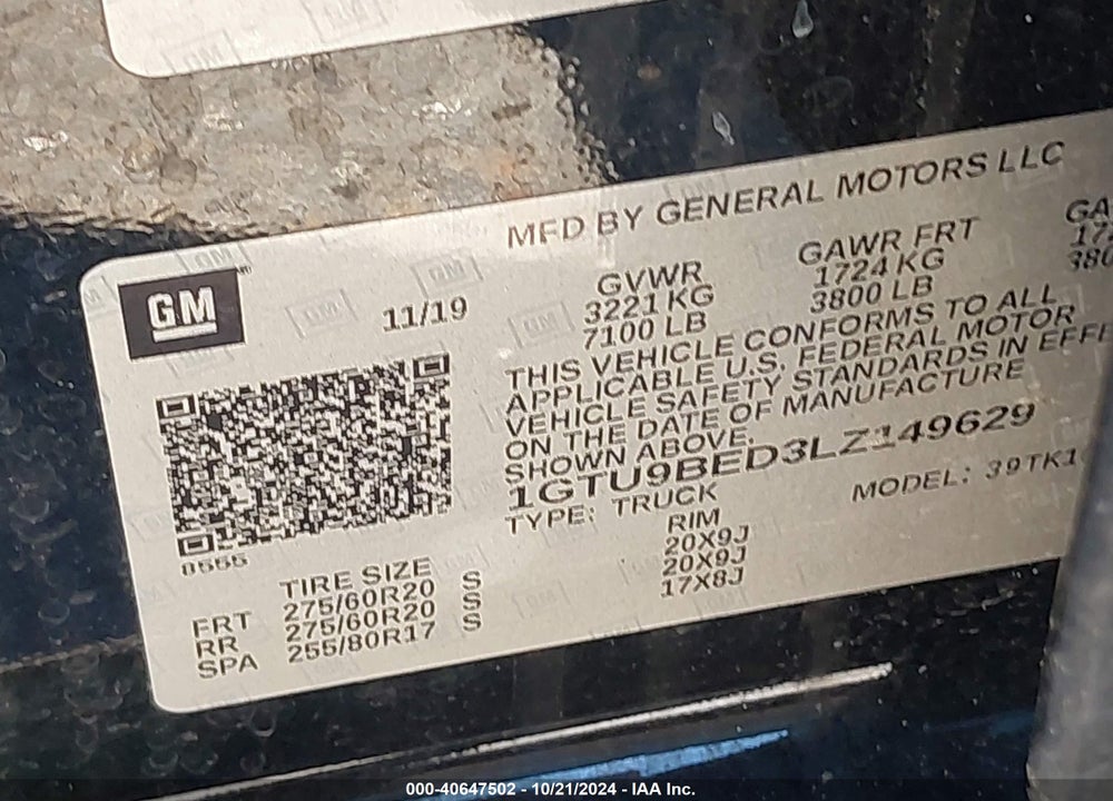 2020 GMC SIERRA 1500 4WD SHORT BOX SLE VIN: 1GTU9BED3LZ149629