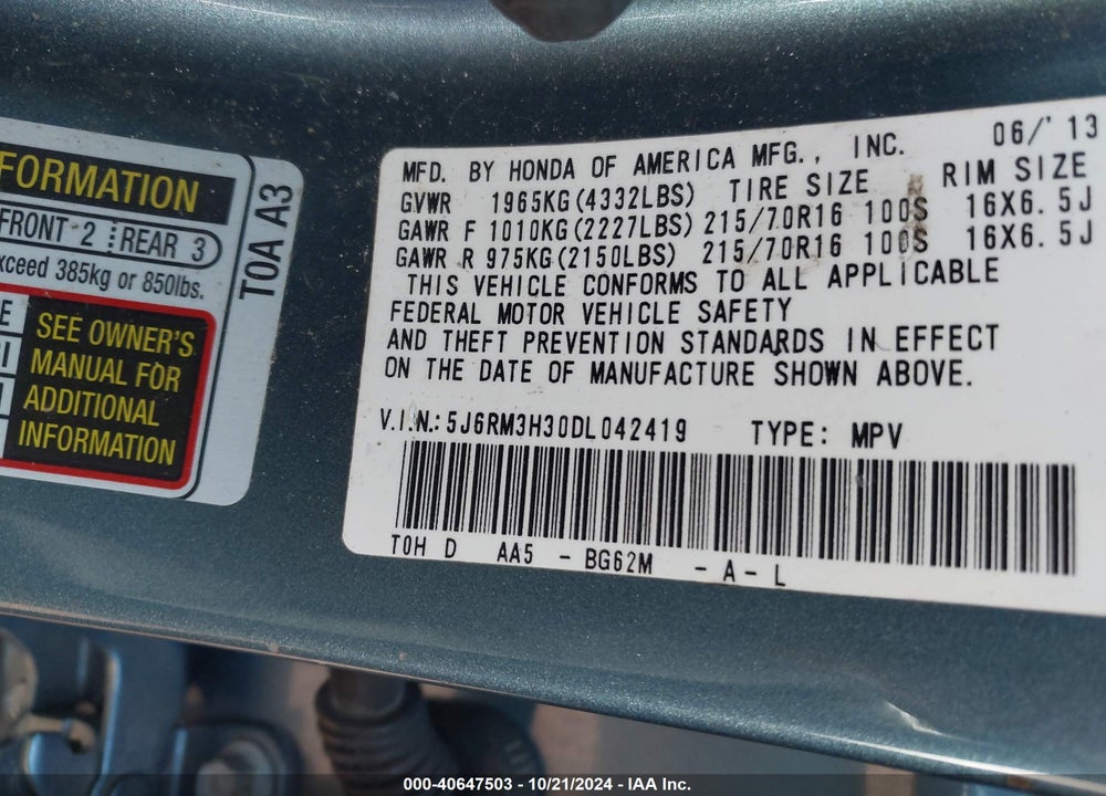 2013 HONDA CR-V LX VIN: 5J6RM3H30DL042419