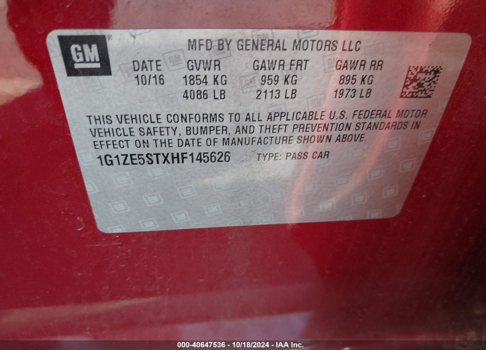 2017 CHEVROLET MALIBU 1LT VIN: 1G1ZE5STXHF145626