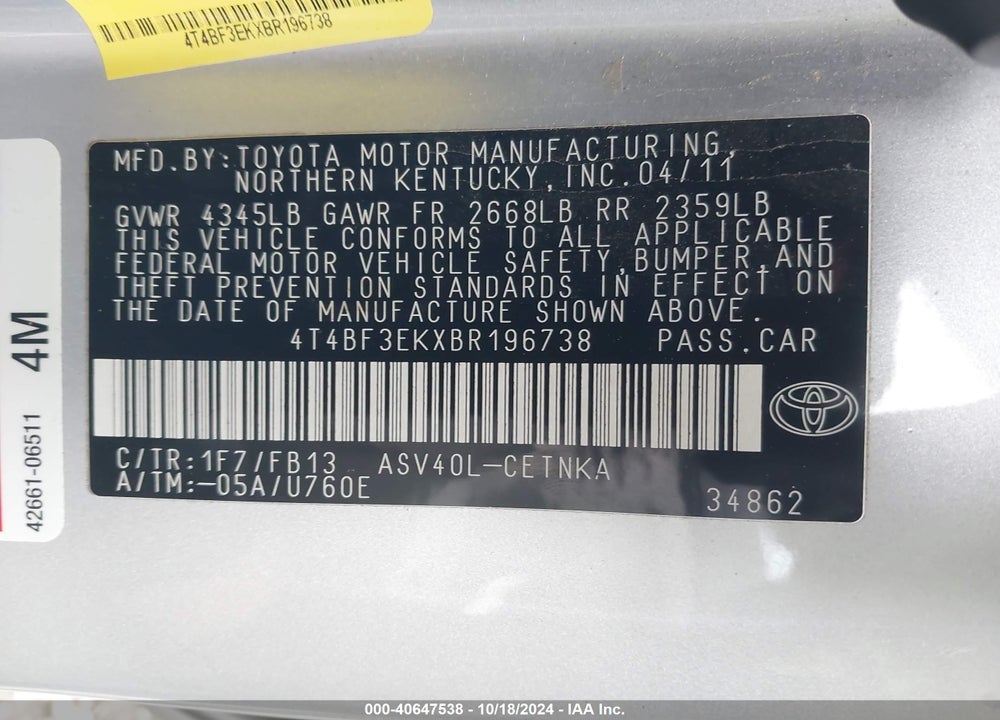 2011 TOYOTA CAMRY LE VIN: 4T4BF3EKXBR196738