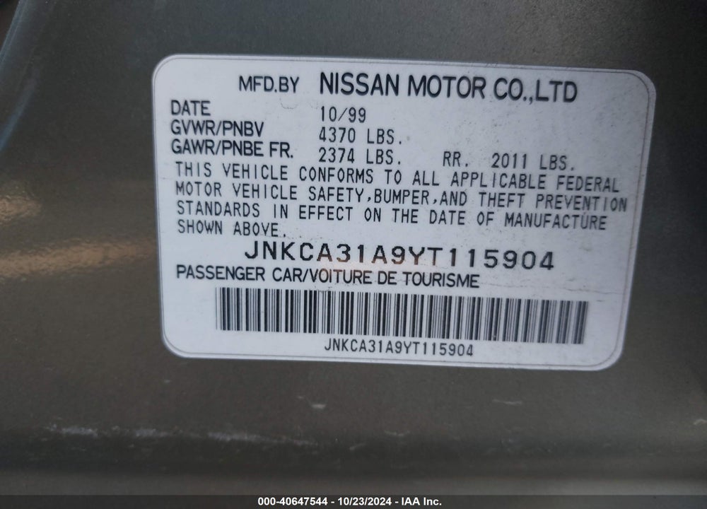 2000 INFINITI I30 LUXURY/TOURING VIN: JNKCA31A9YT115904
