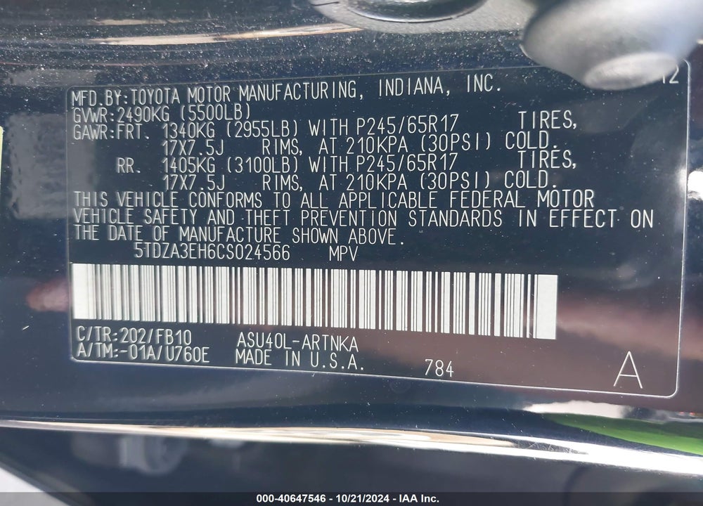 2012 TOYOTA HIGHLANDER VIN: 5TDZA3EH6CS024566