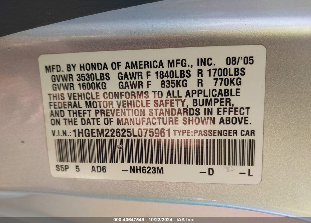 2005 HONDA CIVIC LX VIN: 1HGEM22625L075961