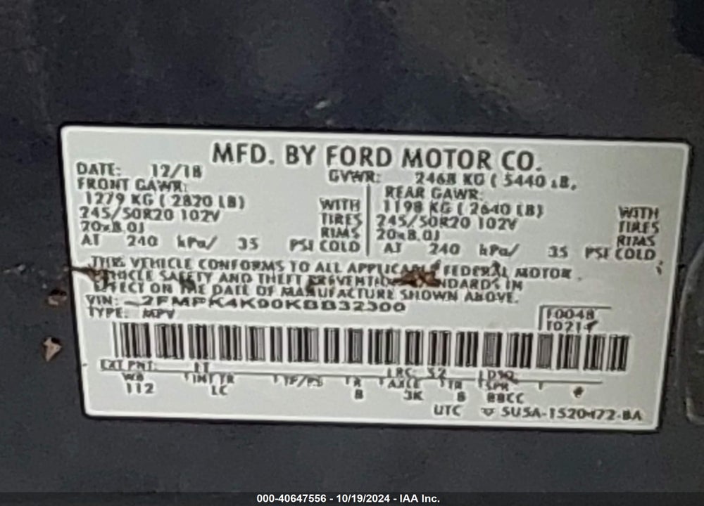 2019 FORD EDGE TITANIUM VIN: 2FMPK4K90KBB32300