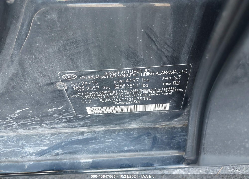2016 HYUNDAI SONATA SE VIN: 5NPE24AF4GH276995