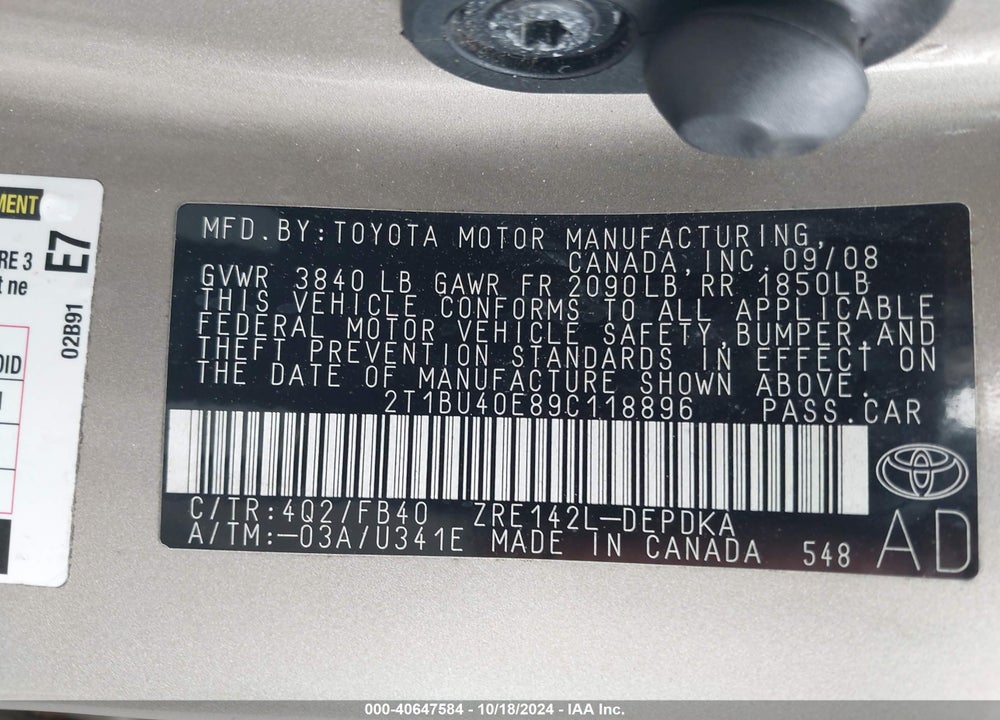 2009 TOYOTA COROLLA LE VIN: 2T1BU40E89C118896
