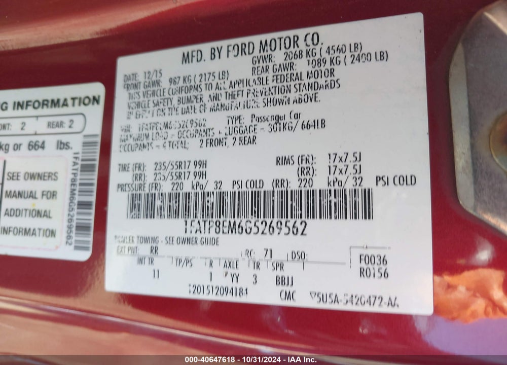 2016 FORD MUSTANG V6 VIN: 1FATP8EM6G5269562