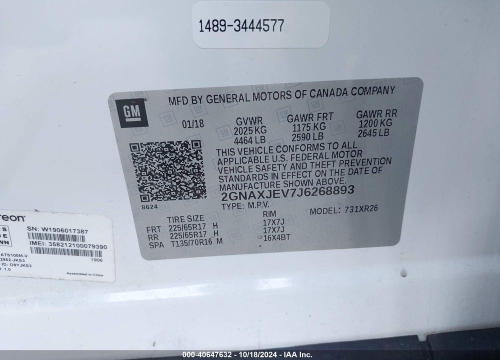 2018 CHEVROLET EQUINOX LT VIN: 2GNAXJEV7J6268893