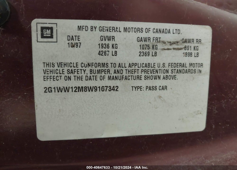 1998 CHEVROLET MONTE CARLO LS VIN: 2G1WW12M8W9167342