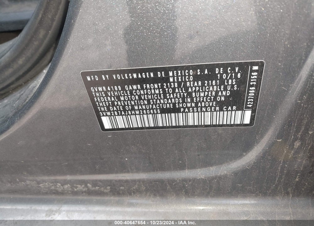 2017 VOLKSWAGEN JETTA 1.4T S VIN: 3VW2B7AJ8HM260655