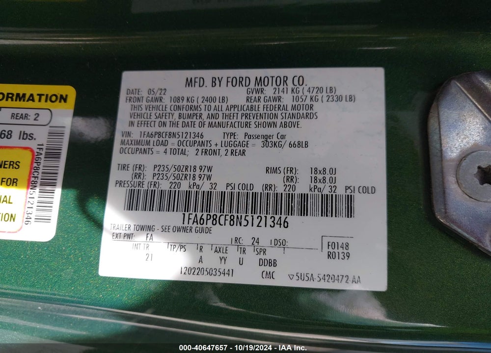 2022 FORD MUSTANG GT VIN: 1FA6P8CF8N5121346