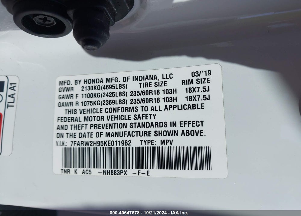 2019 HONDA CR-V TOURING VIN: 7FARW2H95KE011962