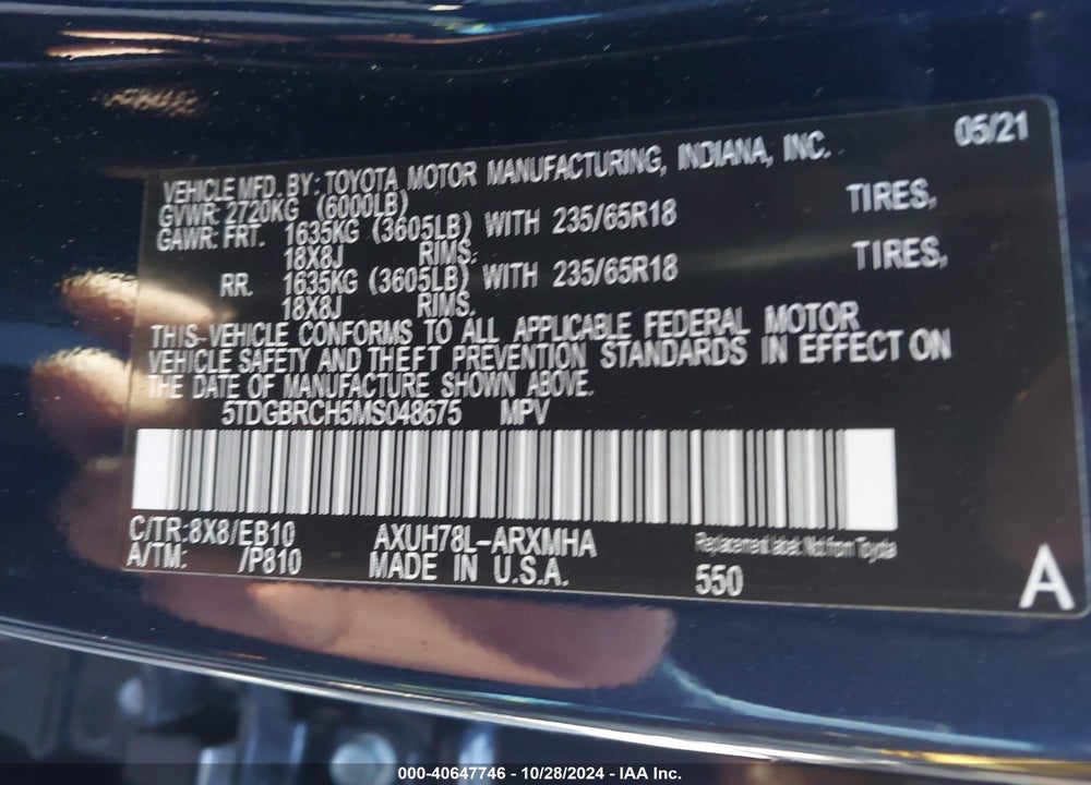2021 TOYOTA HIGHLANDER HYBRID XLE VIN: 5TDGBRCH5MS048675