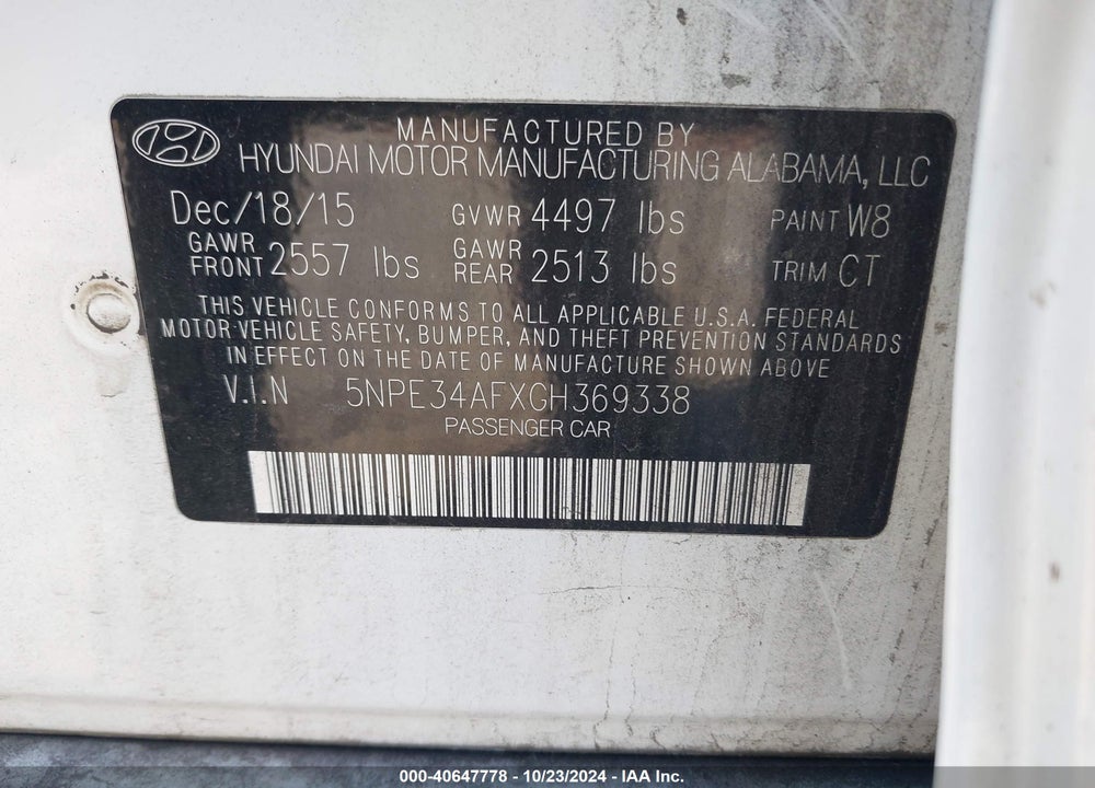 2016 HYUNDAI SONATA SPORT VIN: 5NPE34AFXGH369338