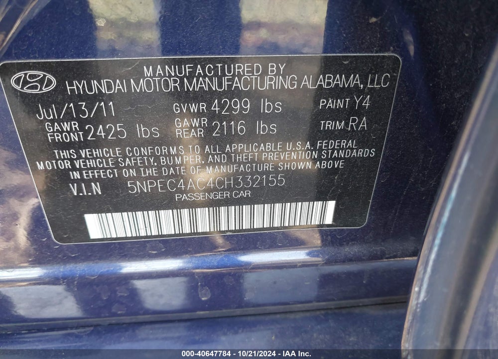 2012 HYUNDAI SONATA SE VIN: 5NPEC4AC4CH332155