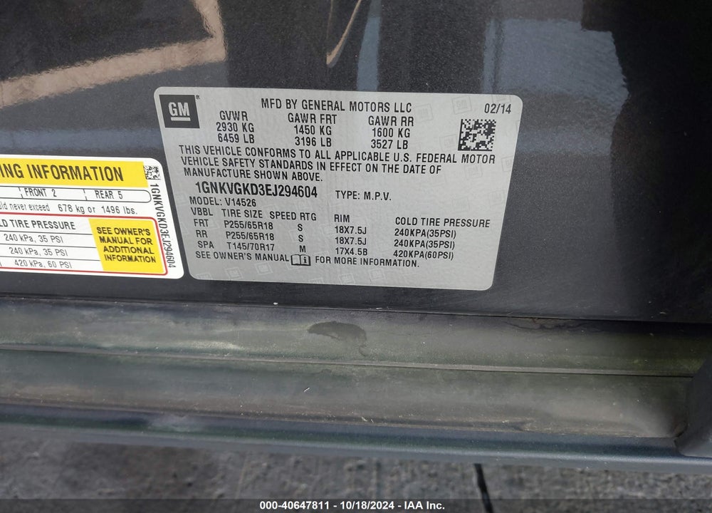 2014 CHEVROLET TRAVERSE 1LT VIN: 1GNKVGKD3EJ294604