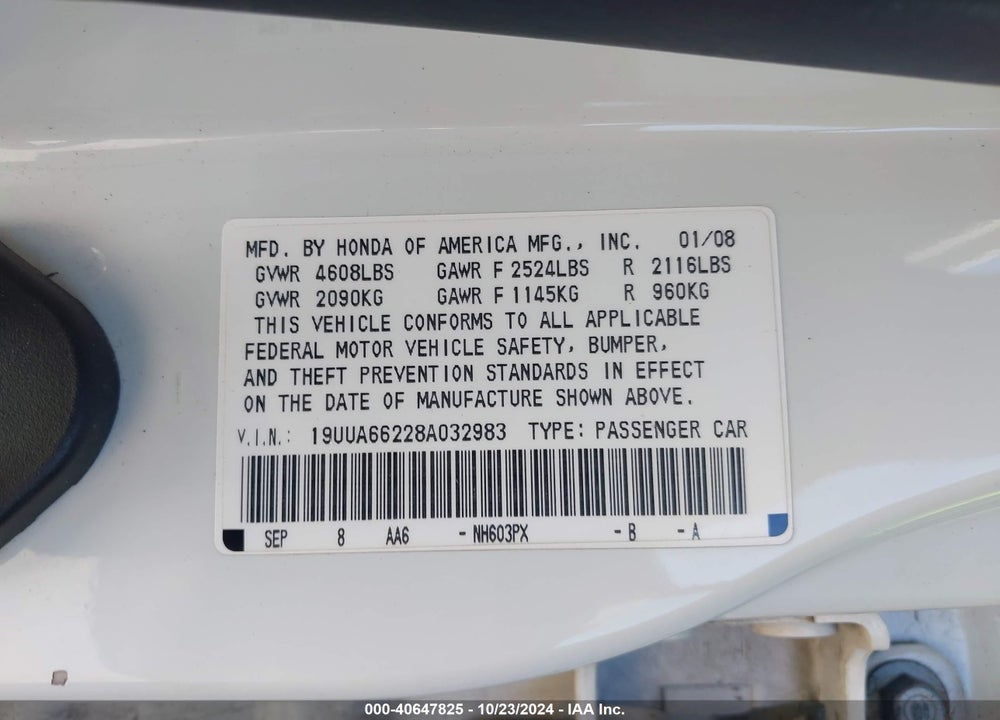 2008 ACURA TL 3.2 VIN: 19UUA66228A032983