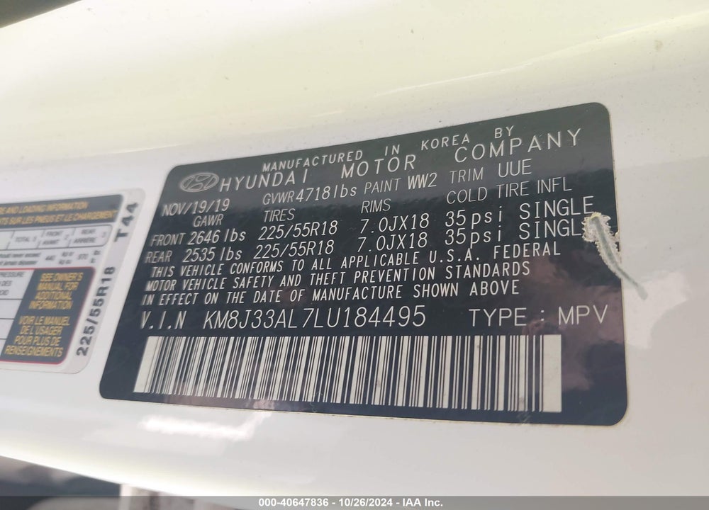 2020 HYUNDAI TUCSON SEL VIN: KM8J33AL7LU184495
