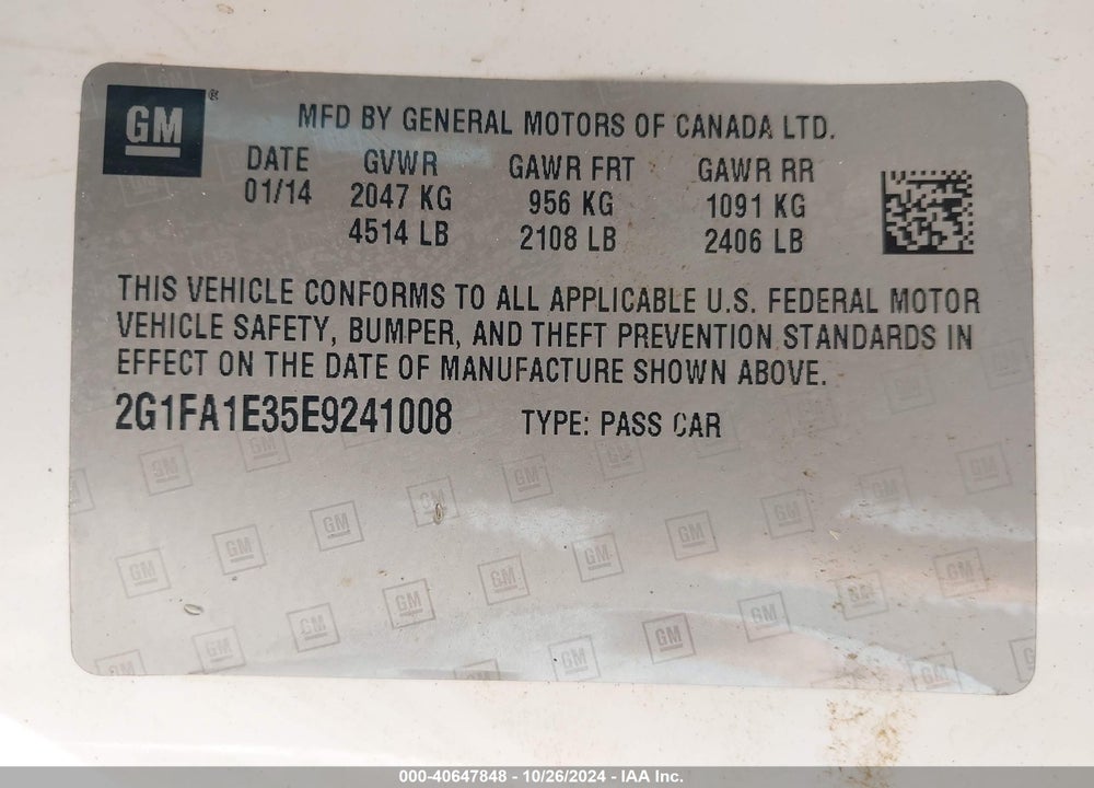 2014 CHEVROLET CAMARO 2LS VIN: 2G1FA1E35E9241008