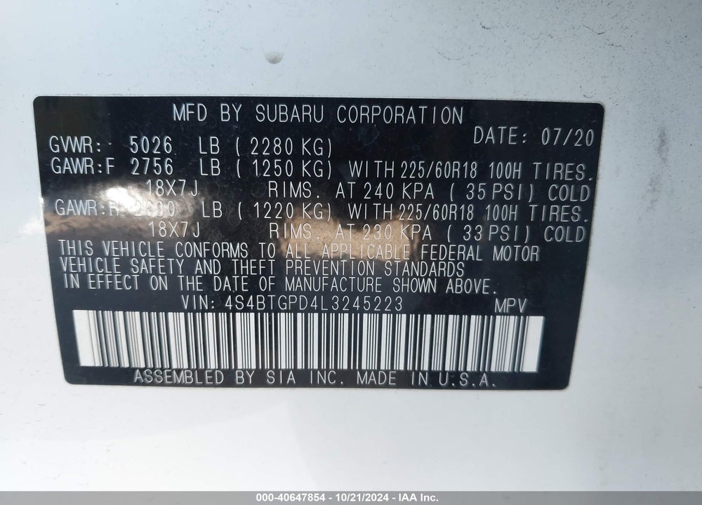 2020 SUBARU OUTBACK TOURING XT VIN: 4S4BTGPD4L3245223