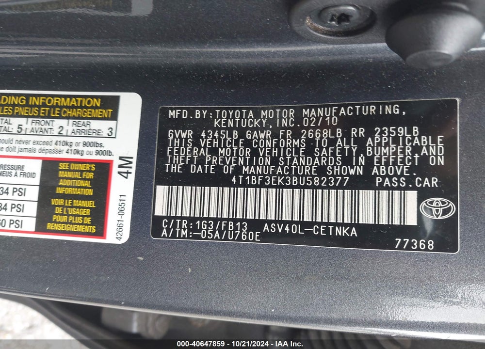2011 TOYOTA CAMRY LE VIN: 4T1BF3EK3BU582377