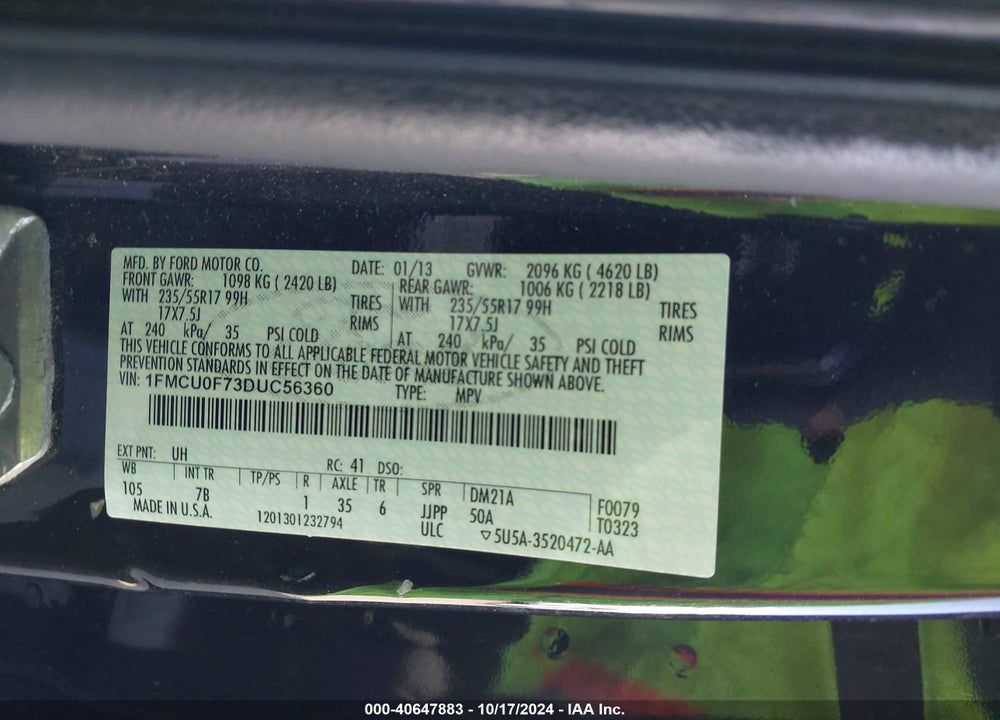 2013 FORD ESCAPE S VIN: 1FMCU0F73DUC56360
