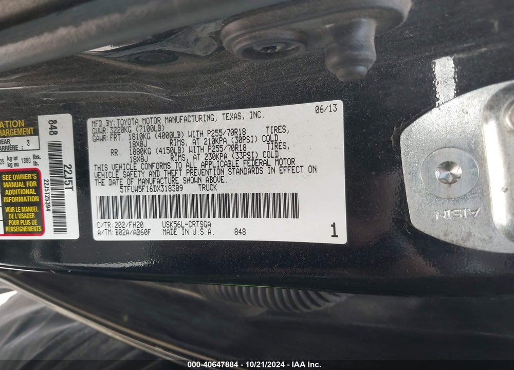 2013 TOYOTA TUNDRA VIN: 5TFUW5F16DX318389