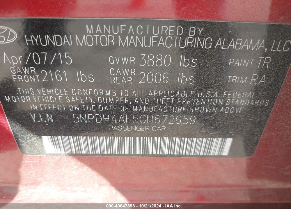 2016 HYUNDAI ELANTRA SE VIN: 5NPDH4AE5GH672659
