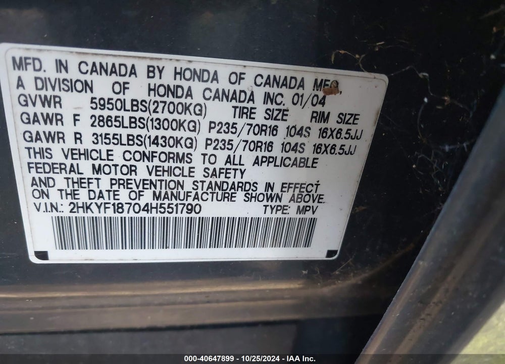 2004 HONDA PILOT EX-L VIN: 2HKYF18704H551790