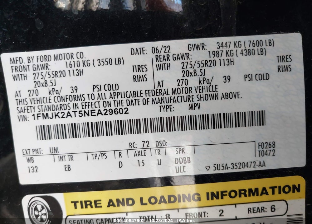 2022 FORD EXPEDITION LIMITED MAX VIN: 1FMJK2AT5NEA29602
