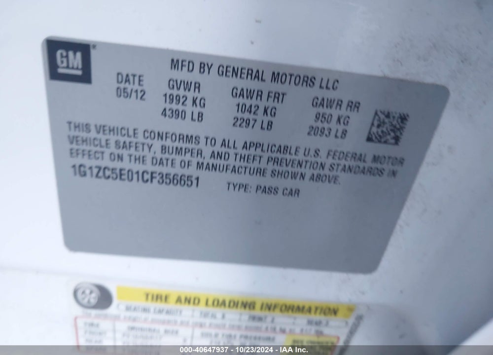 2012 CHEVROLET MALIBU 1LT VIN: 1G1ZC5E01CF356651