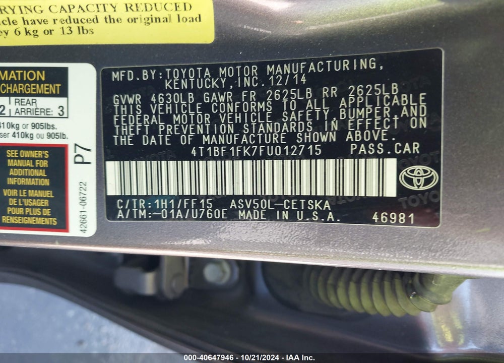 2015 TOYOTA CAMRY SE VIN: 4T1BF1FK7FU012715