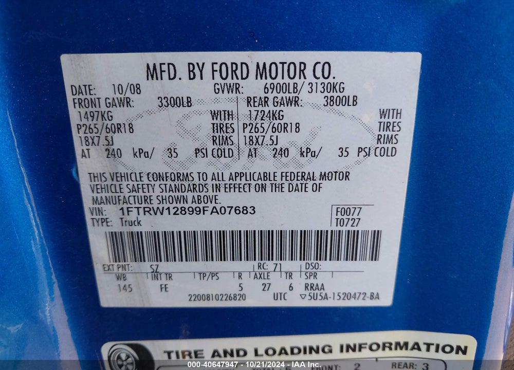 2009 FORD F-150 XL/XLT VIN: 1FTRW12899FA07683