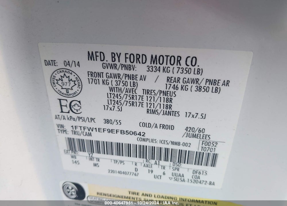 2014 FORD F-150 XLT VIN: 1FTFW1EF9EFB50642