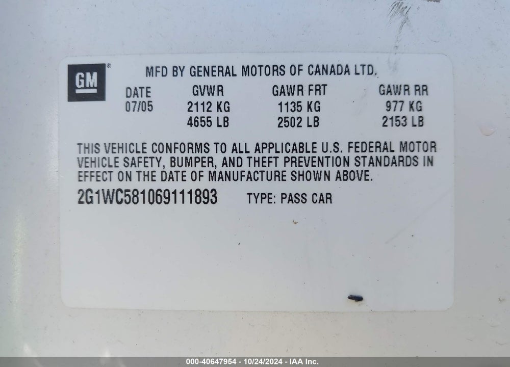 2006 CHEVROLET IMPALA VIN: 2G1WC581069111893