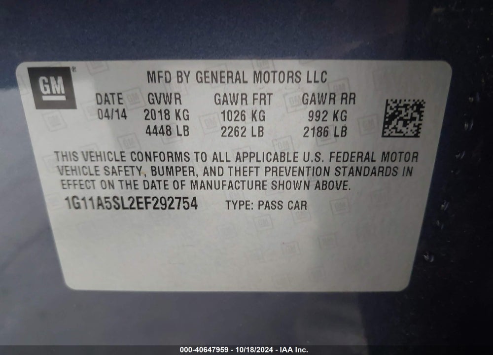 2014 CHEVROLET MALIBU 1FL VIN: 1G11A5SL2EF292754