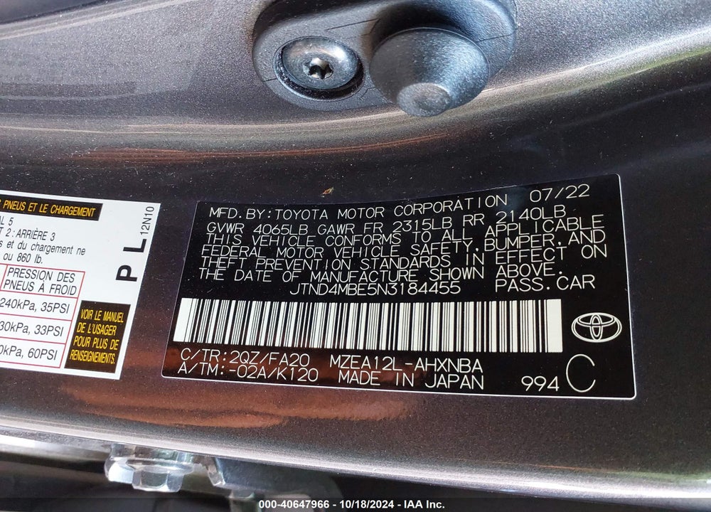 2022 TOYOTA COROLLA SE VIN: JTND4MBE5N3184455