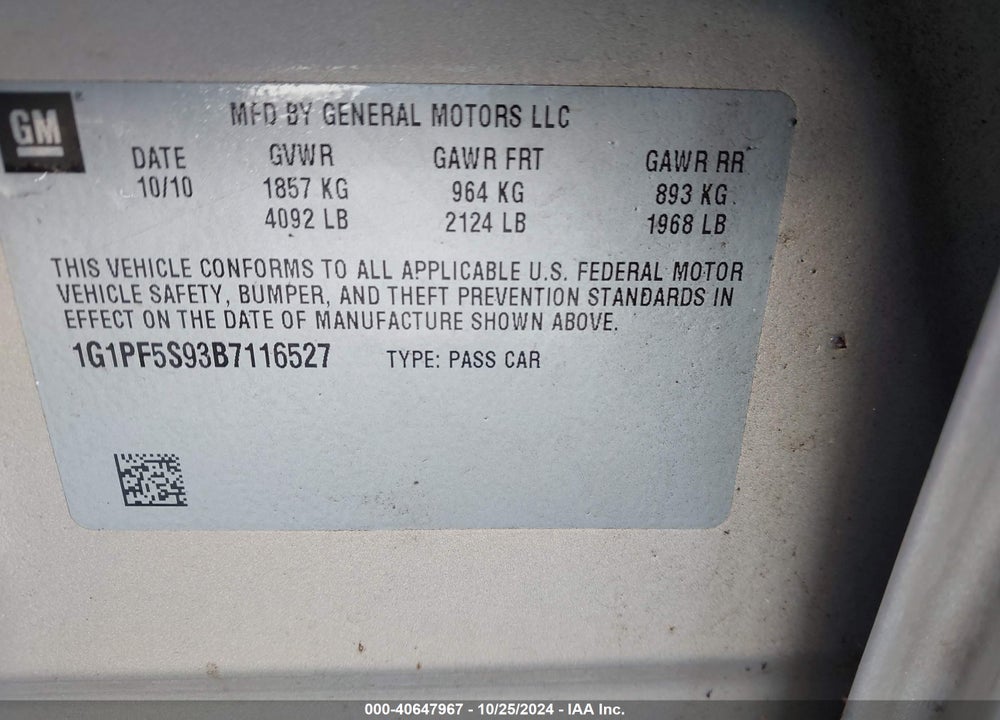 2011 CHEVROLET CRUZE 1LT VIN: 1G1PF5S93B7116527