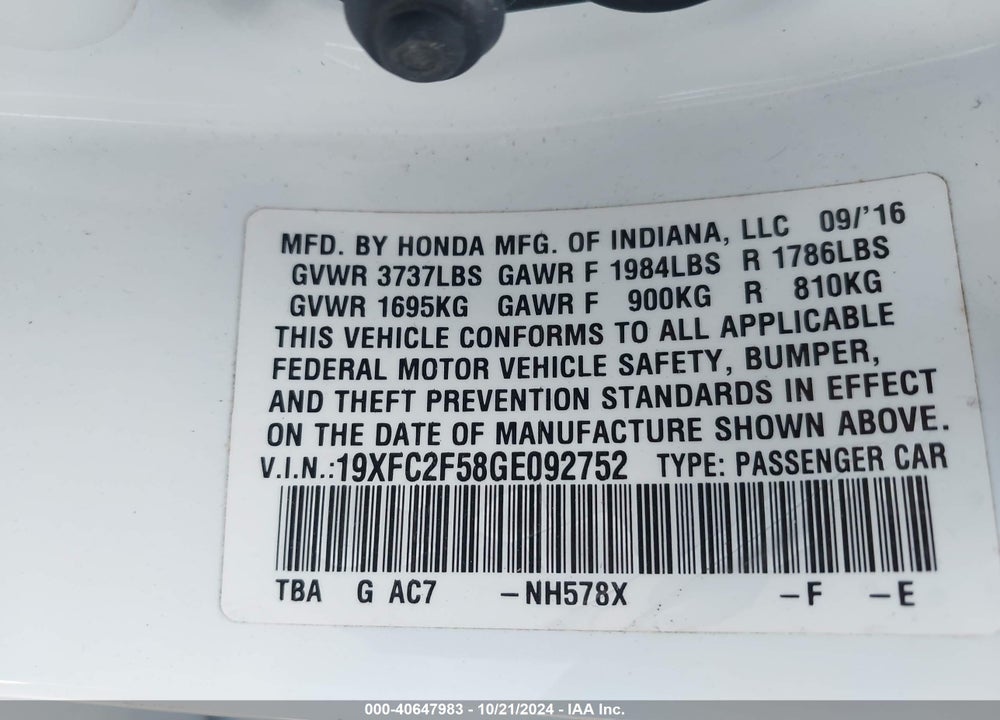 2016 HONDA CIVIC LX VIN: 19XFC2F58GE092752