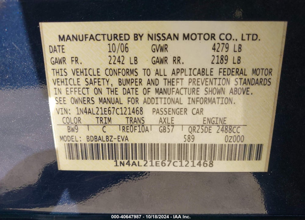 2007 NISSAN ALTIMA 2.5 S VIN: 1N4AL21E67C121468