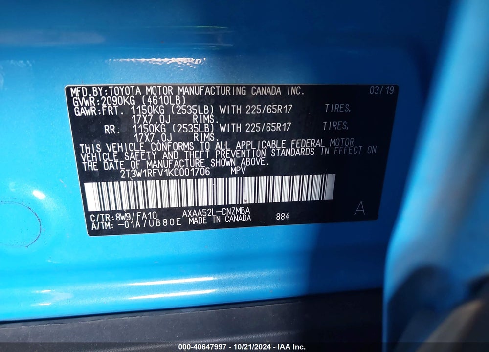 2019 TOYOTA RAV4 XLE VIN: 2T3W1RFV1KC001706