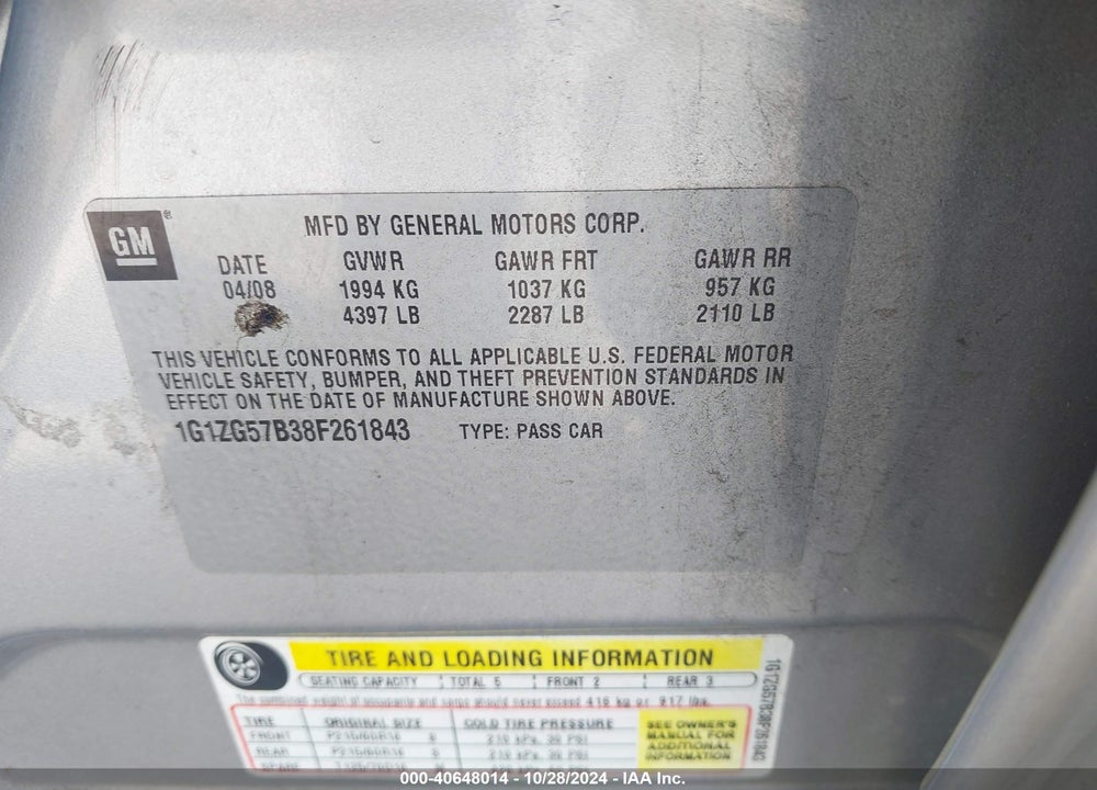 2008 CHEVROLET MALIBU LS VIN: 1G1ZG57B38F261843