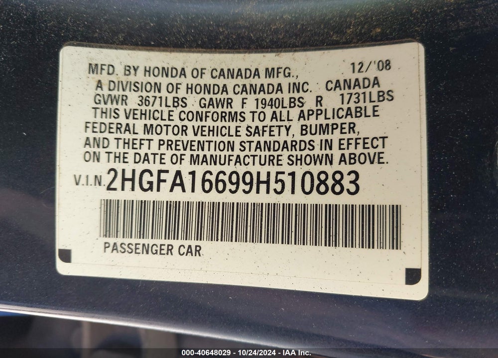 2009 HONDA CIVIC LX-S VIN: 2HGFA16699H510883